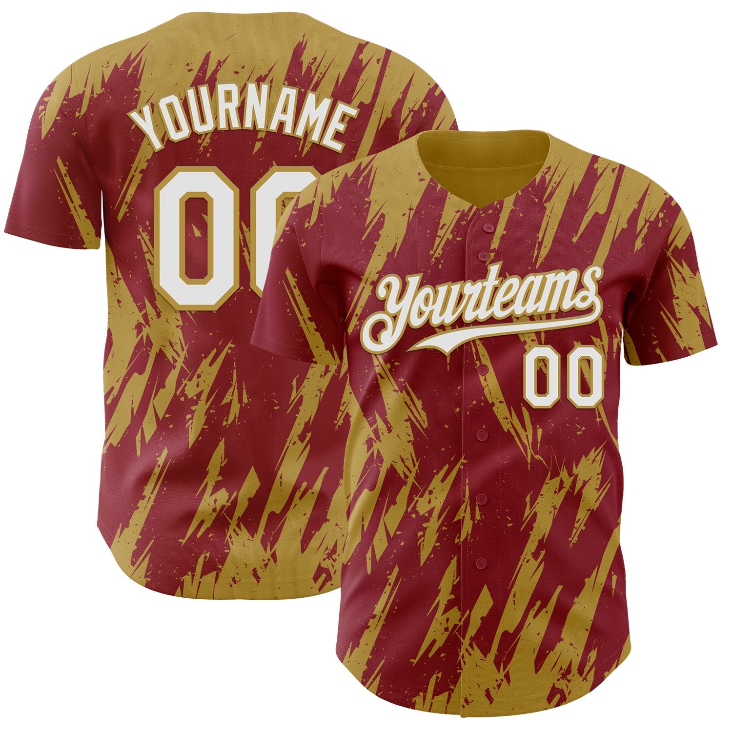 Custom Crimson White-Old Gold Splatter Torn Sharp Brush Stroke Authentic Baseball Jersey baseball jersey product view 1