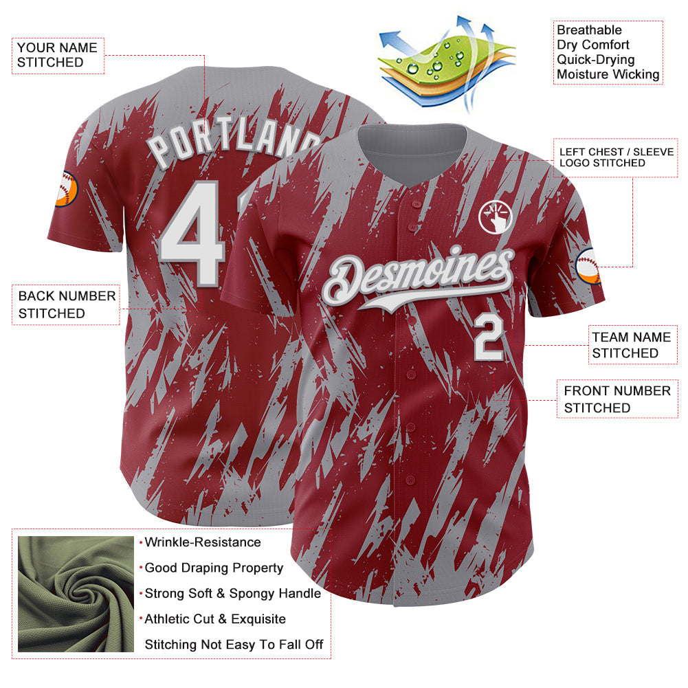 Custom Crimson White-Gray Splatter Torn Sharp Brush Stroke Authentic Baseball Jersey baseball jersey product view 3