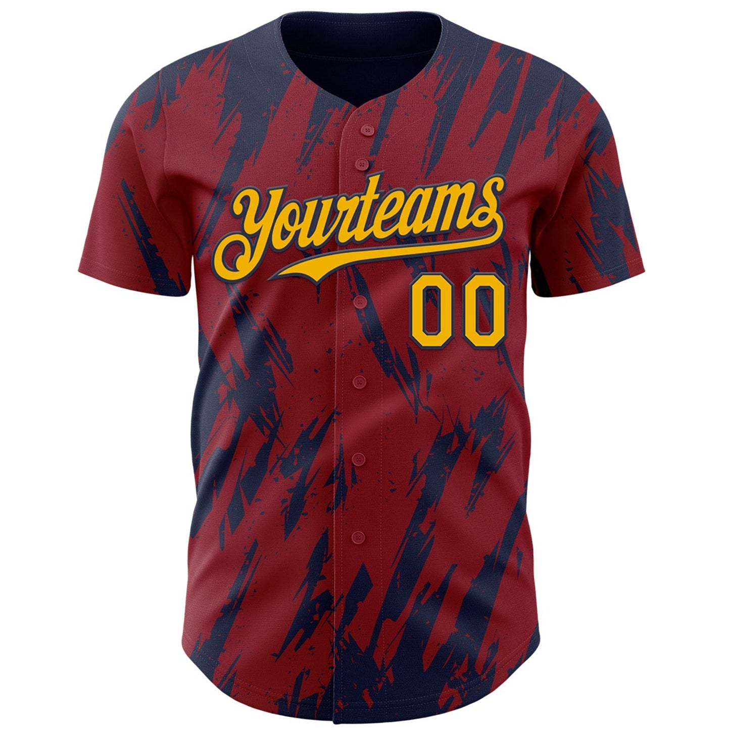Custom Crimson Gold-Navy Splatter Torn Sharp Brush Stroke Authentic Baseball Jersey baseball jersey product view 2