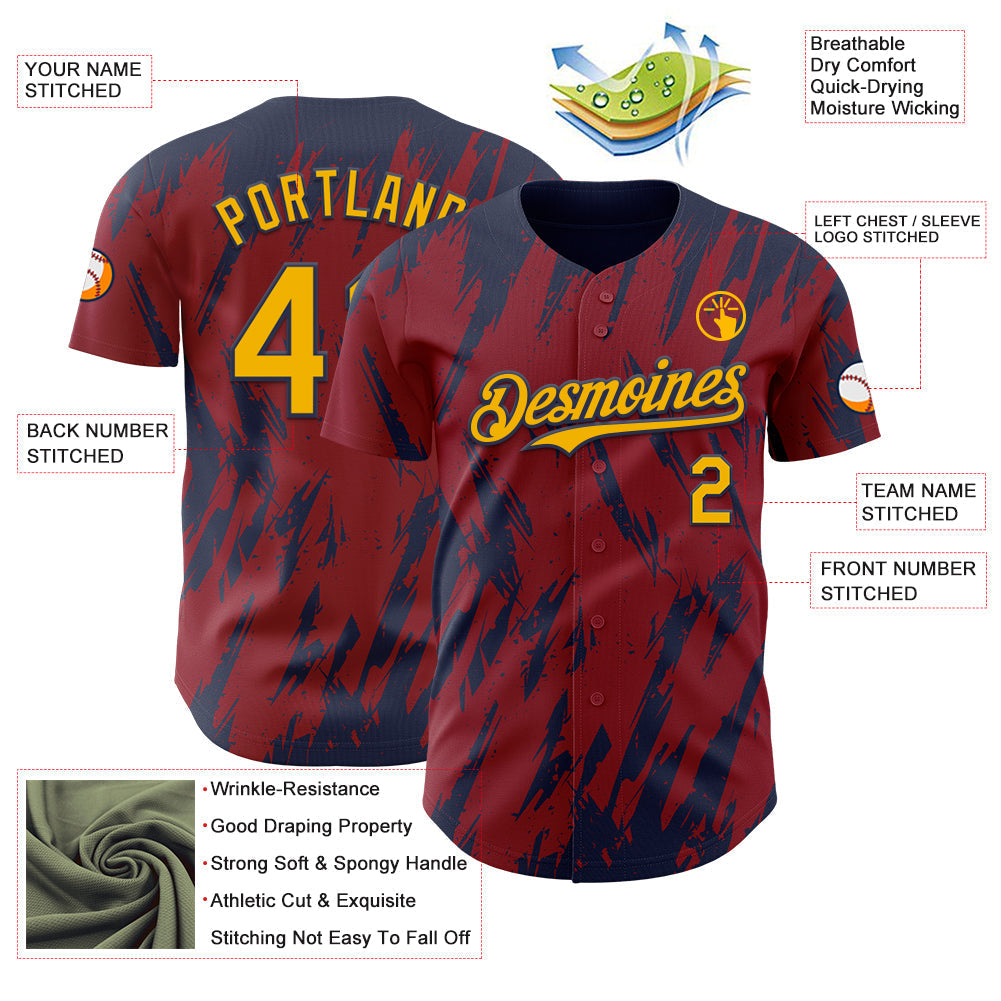 Custom Crimson Gold-Navy Splatter Torn Sharp Brush Stroke Authentic Baseball Jersey baseball jersey product view 3