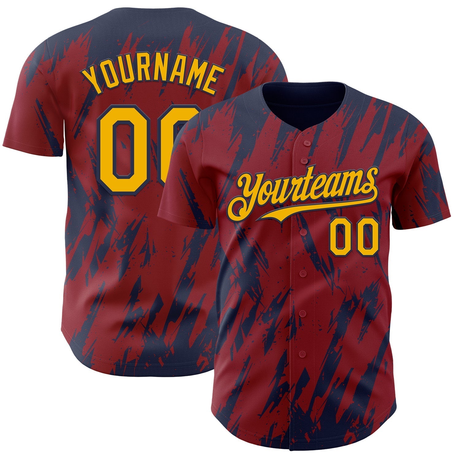Custom Crimson Gold-Navy Splatter Torn Sharp Brush Stroke Authentic Baseball Jersey baseball jersey product view 1