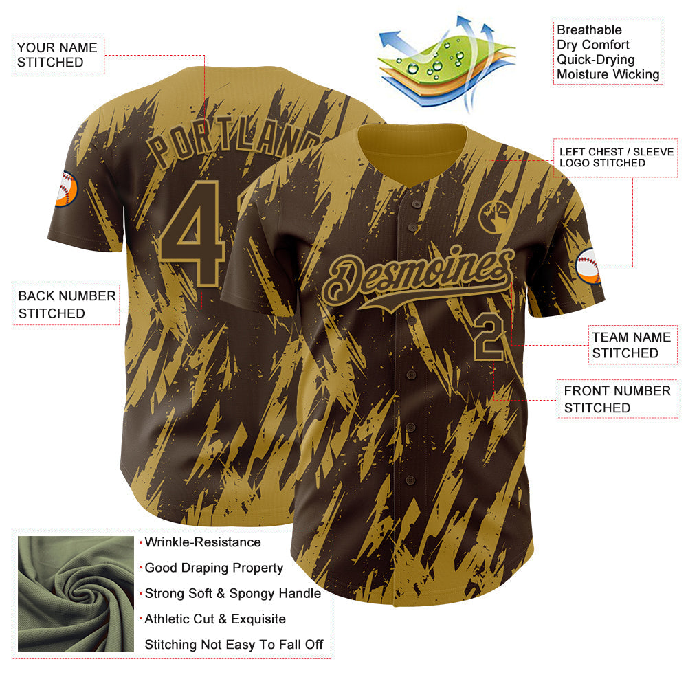 Custom Brown Old Gold Splatter Torn Sharp Brush Stroke Authentic Baseball Jersey baseball jersey product view 3