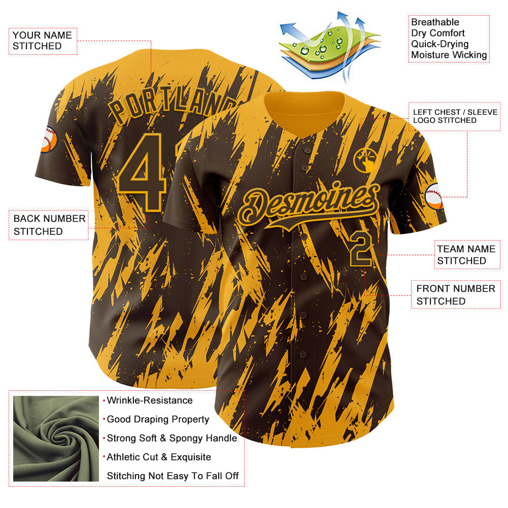 Custom Brown Gold Splatter Torn Sharp Brush Stroke Authentic Baseball Jersey baseball jersey product view 3