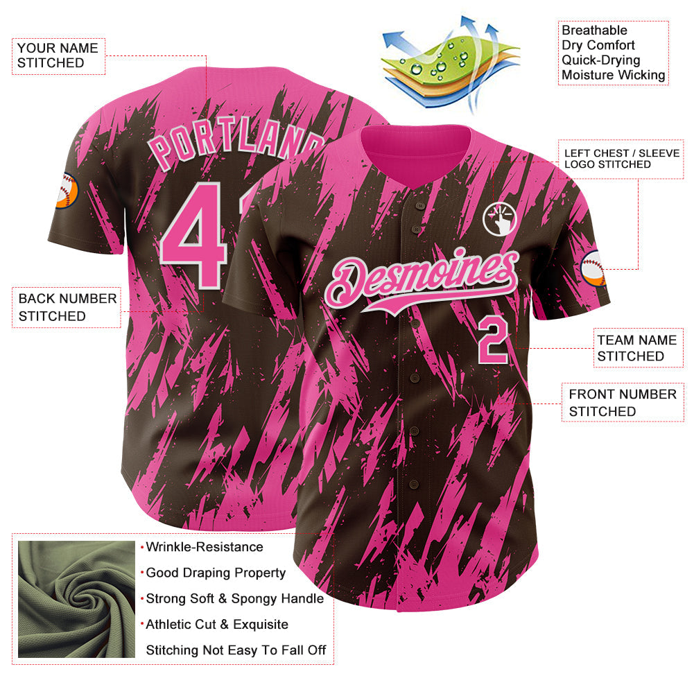 Custom Brown Pink-White Splatter Torn Sharp Brush Stroke Authentic Baseball Jersey baseball jersey product view 3