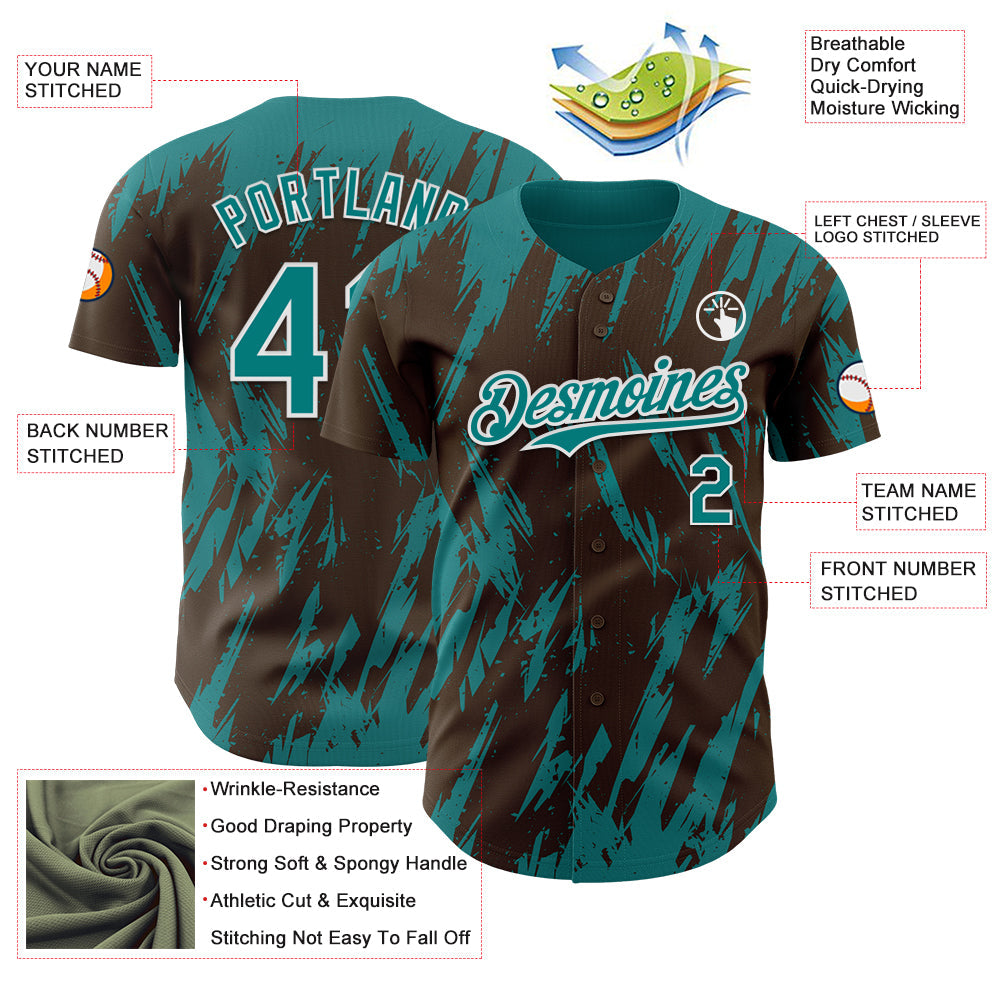 Custom Brown Teal-White Splatter Torn Sharp Brush Stroke Authentic Baseball Jersey baseball jersey product view 3