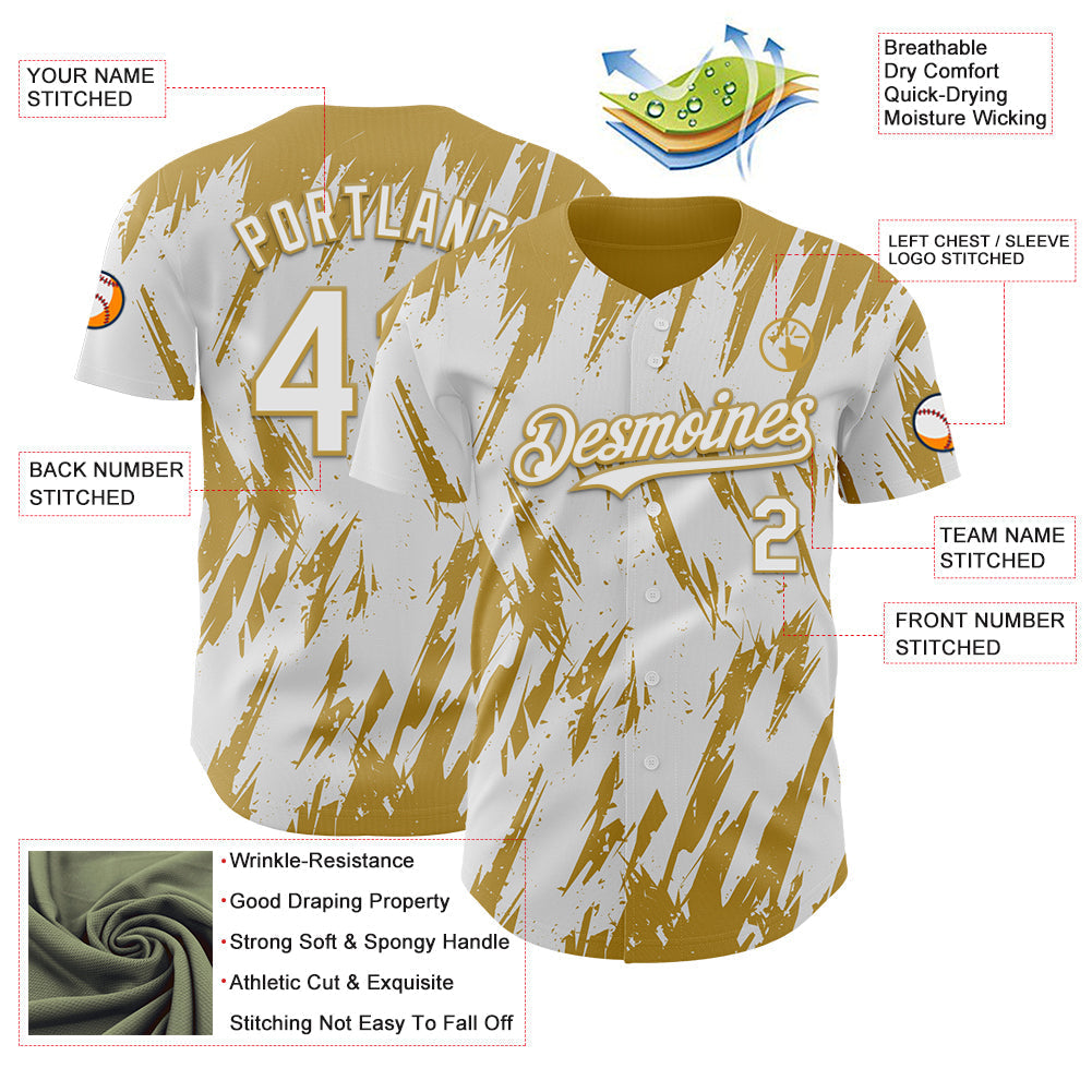 Custom White Old Gold Splatter Torn Sharp Brush Stroke Authentic Baseball Jersey baseball jersey product view 3