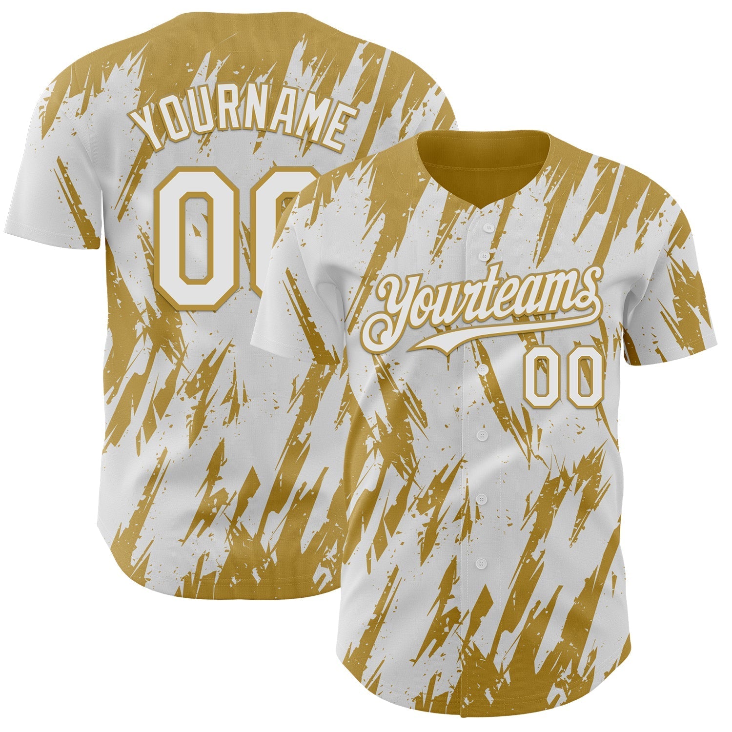 Custom White Old Gold Splatter Torn Sharp Brush Stroke Authentic Baseball Jersey baseball jersey product view 1