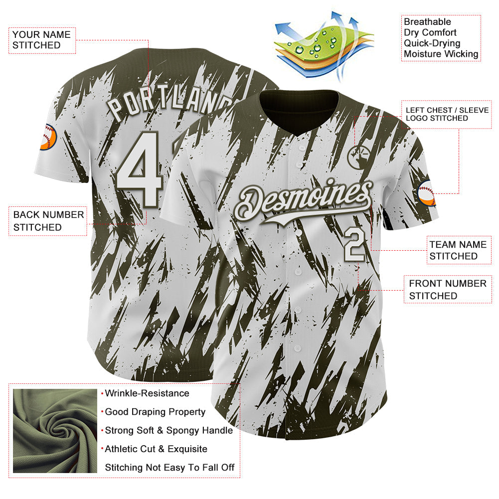 Custom White Olive Splatter Torn Sharp Brush Stroke Authentic Baseball Jersey baseball jersey product view 3