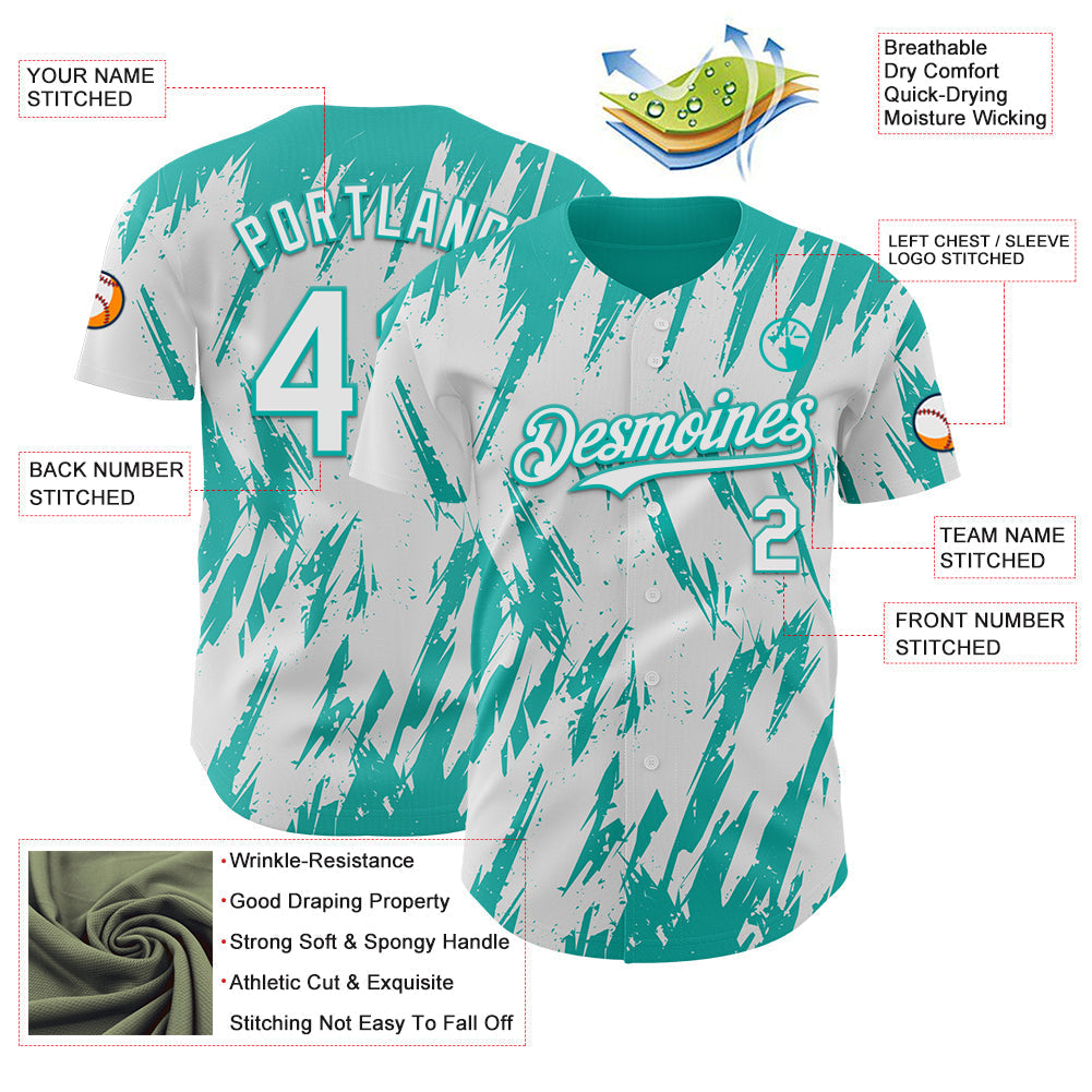 Custom White Aqua Splatter Torn Sharp Brush Stroke Authentic Baseball Jersey baseball jersey product view 3
