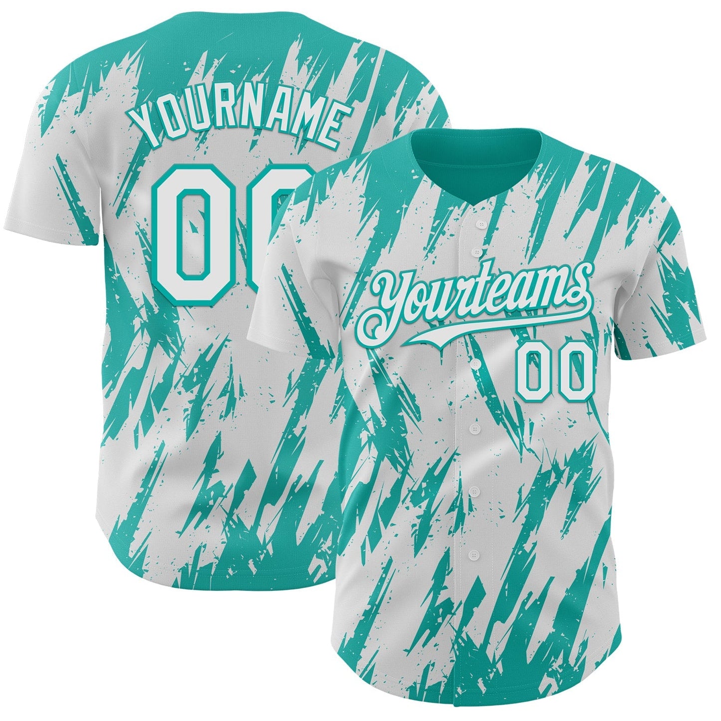 Custom White Aqua Splatter Torn Sharp Brush Stroke Authentic Baseball Jersey baseball jersey product view 1