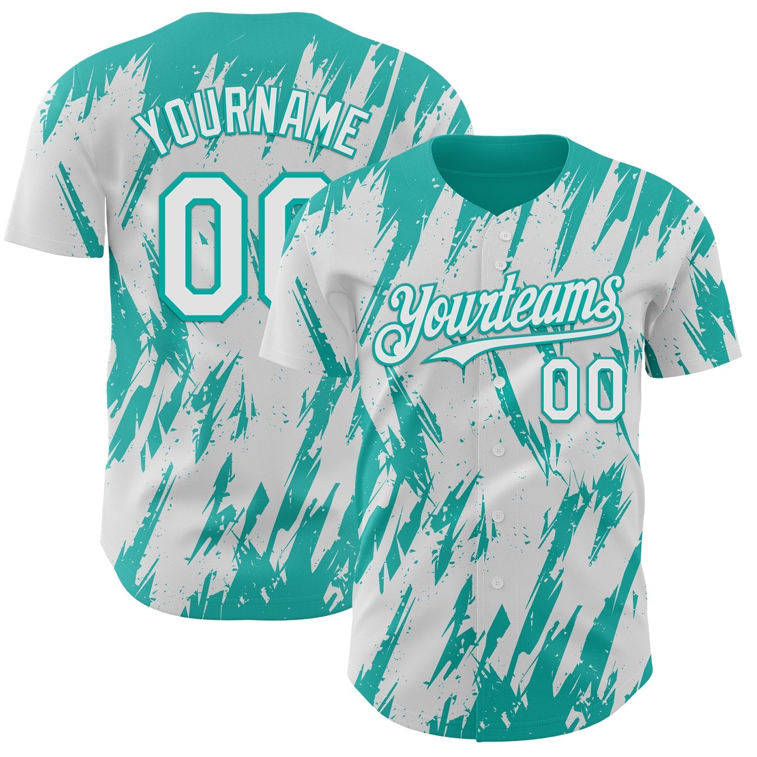 Custom White Aqua Splatter Torn Sharp Brush Stroke Authentic Baseball Jersey baseball jersey product view 1
