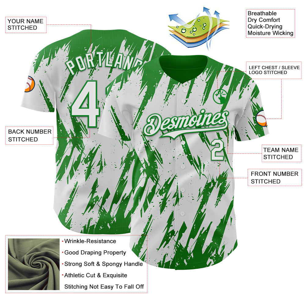 Custom White Grass Green Splatter Torn Sharp Brush Stroke Authentic Baseball Jersey baseball jersey product view 3