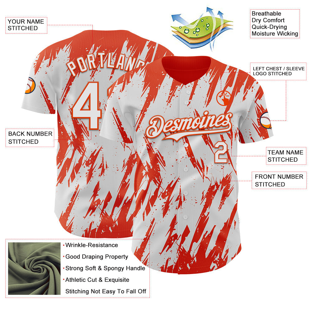 Custom White Orange Splatter Torn Sharp Brush Stroke Authentic Baseball Jersey baseball jersey product view 3