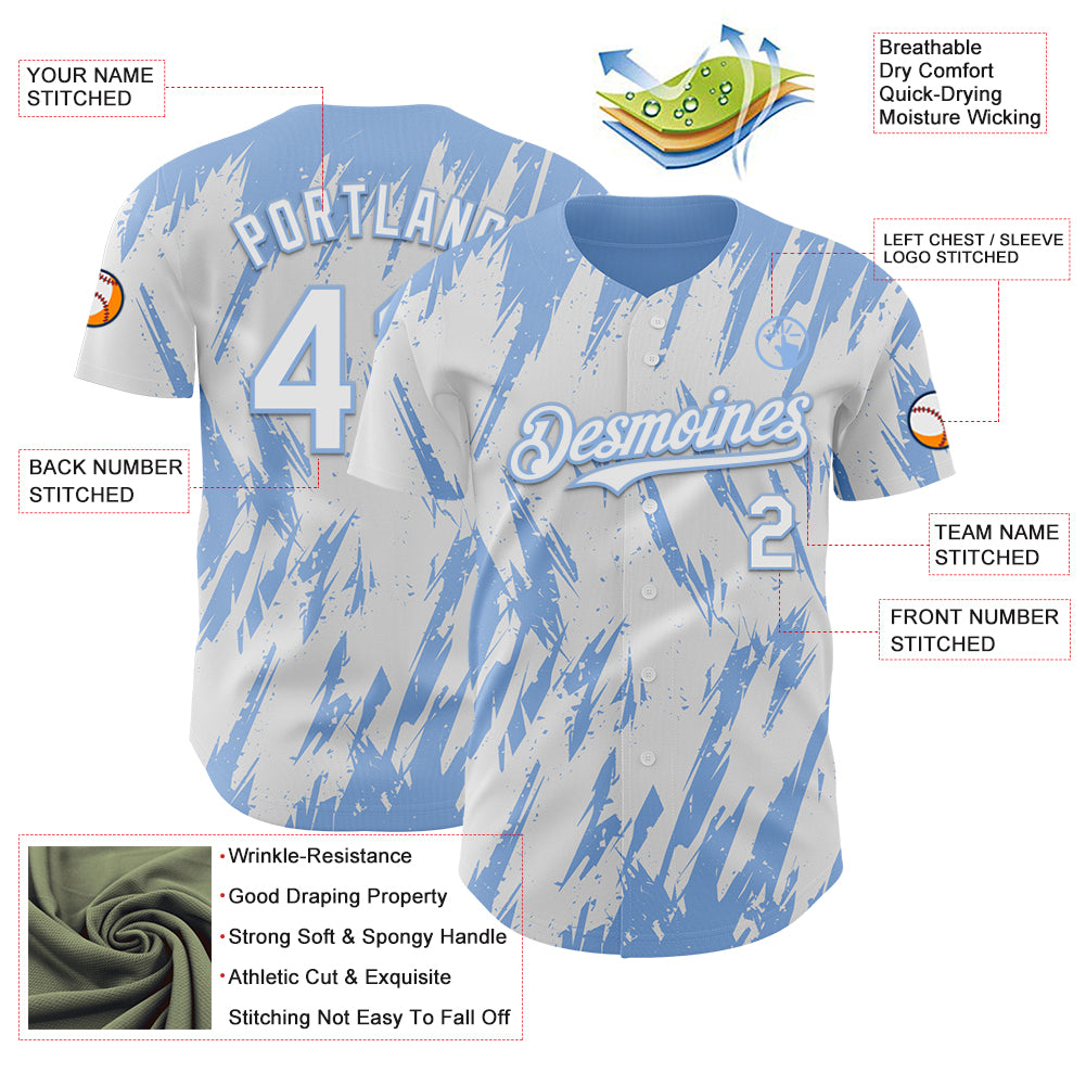 Custom White Light Blue Splatter Torn Sharp Brush Stroke Authentic Baseball Jersey baseball jersey product view 3