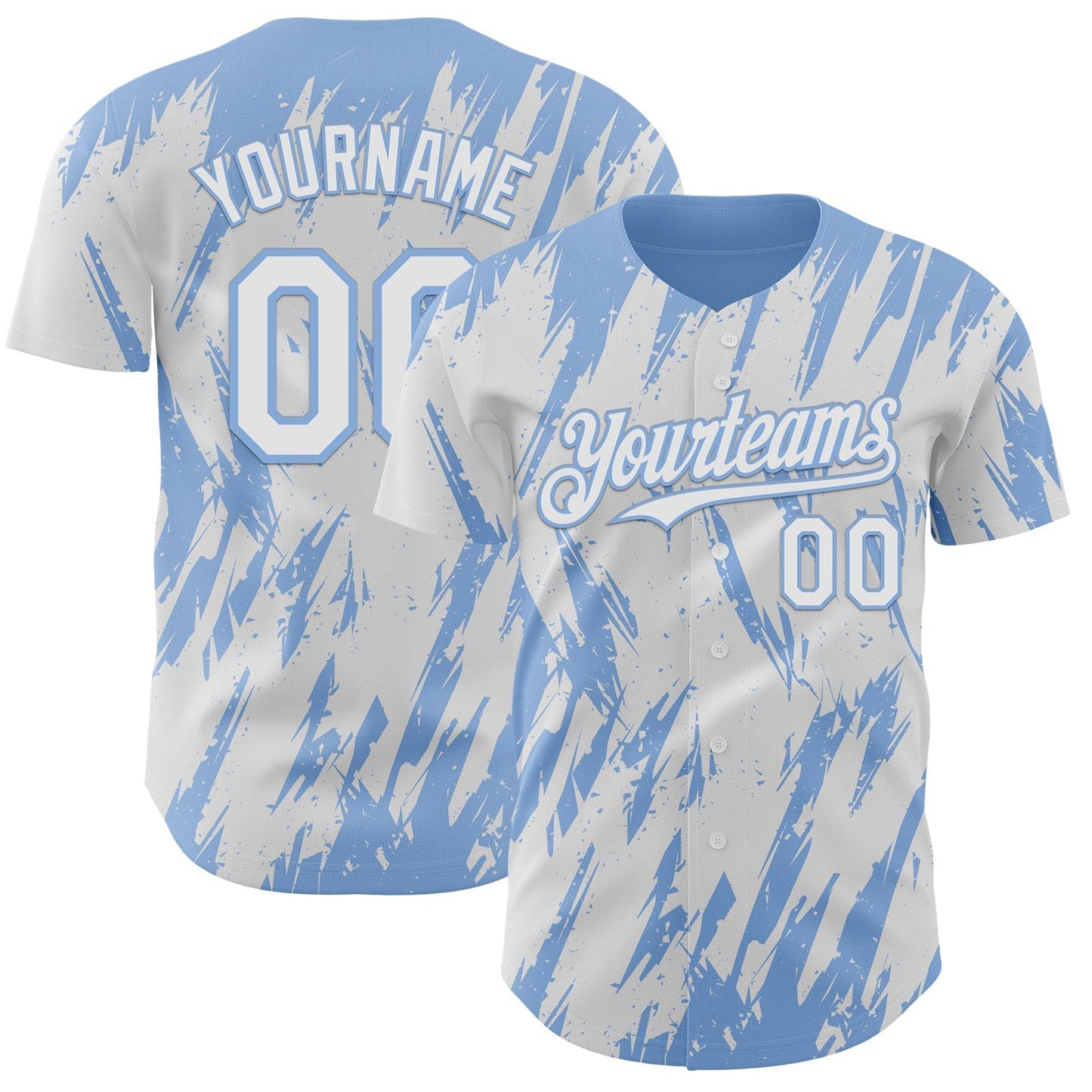 Custom White Light Blue Splatter Torn Sharp Brush Stroke Authentic Baseball Jersey baseball jersey product view 1