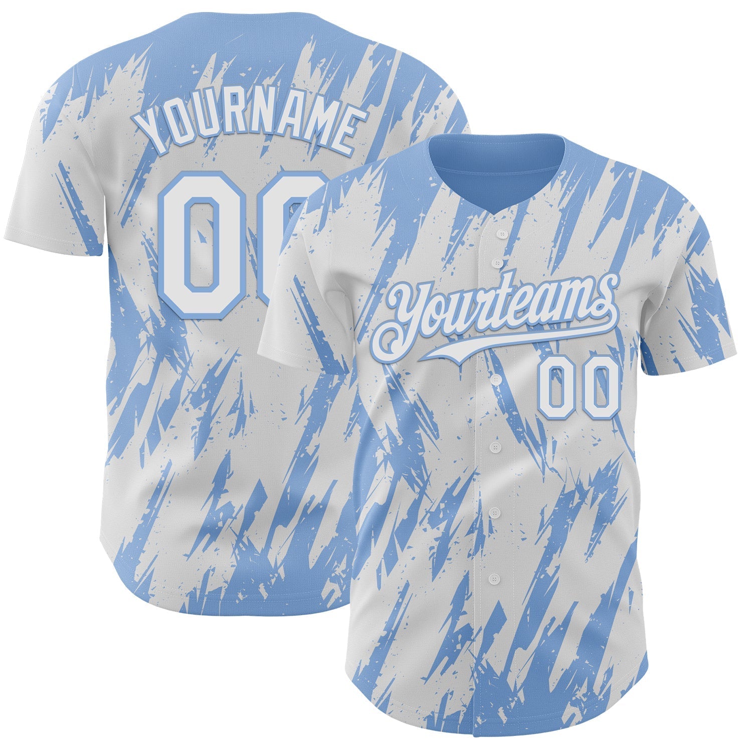 Custom White Light Blue Splatter Torn Sharp Brush Stroke Authentic Baseball Jersey baseball jersey product view 1