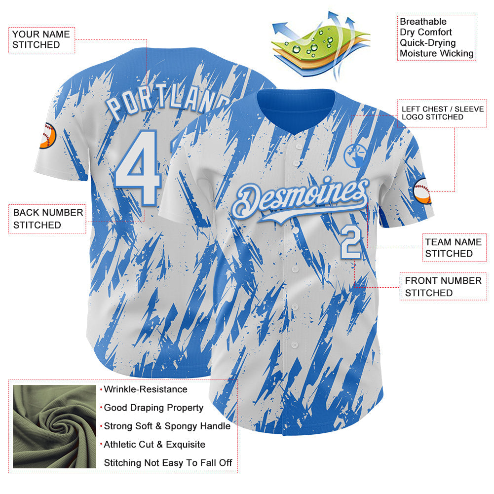 Custom White Powder Blue Splatter Torn Sharp Brush Stroke Authentic Baseball Jersey baseball jersey product view 3