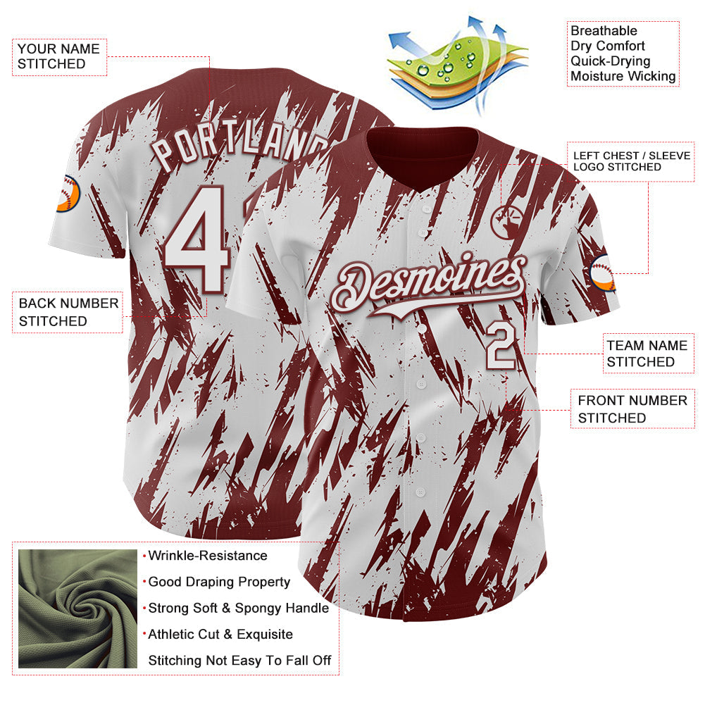 Custom White Burgundy Splatter Torn Sharp Brush Stroke Authentic Baseball Jersey baseball jersey product view 3