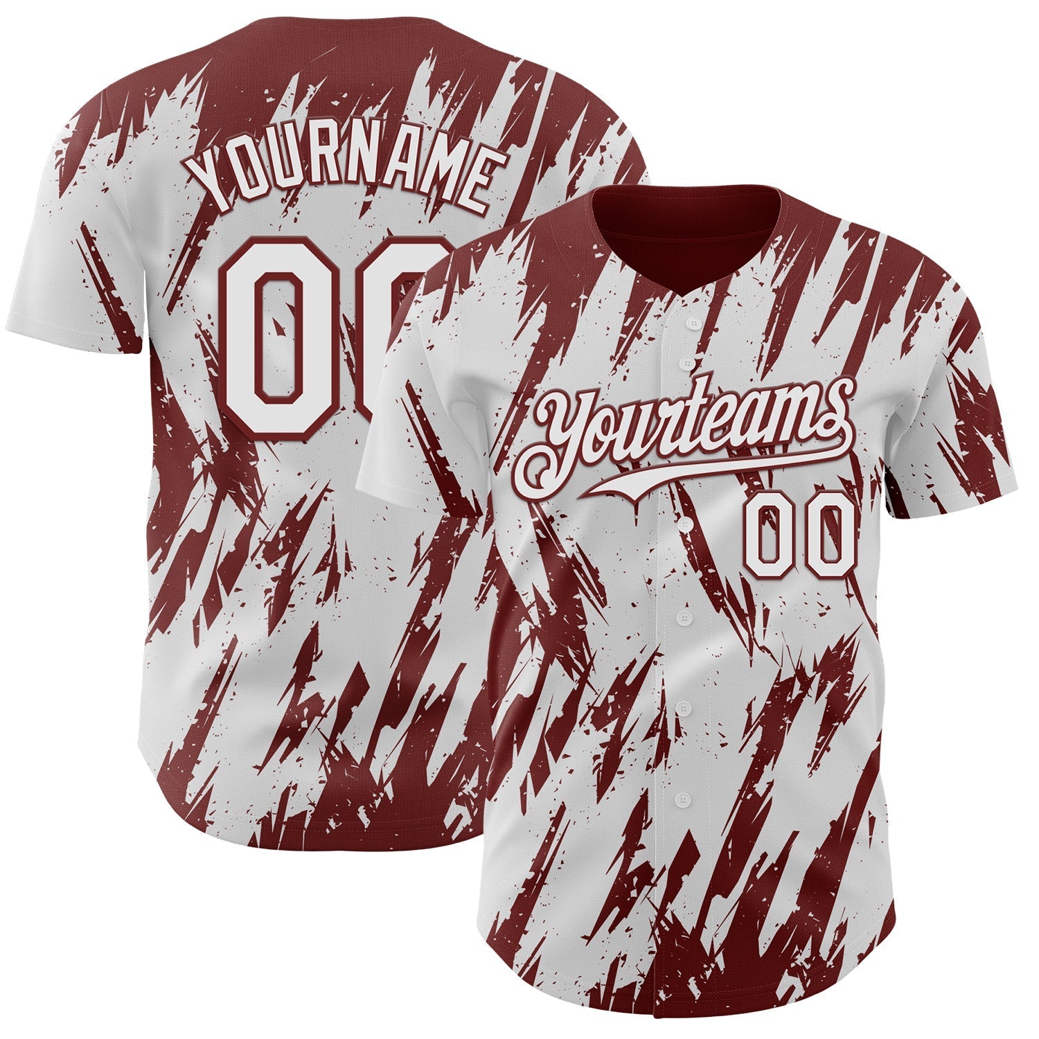 Custom White Burgundy Splatter Torn Sharp Brush Stroke Authentic Baseball Jersey baseball jersey product view 1
