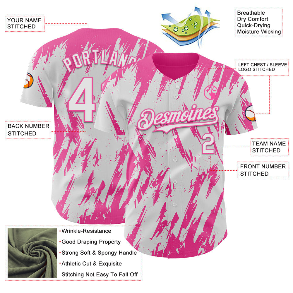 Custom White Pink Splatter Torn Sharp Brush Stroke Authentic Baseball Jersey baseball jersey product view 3