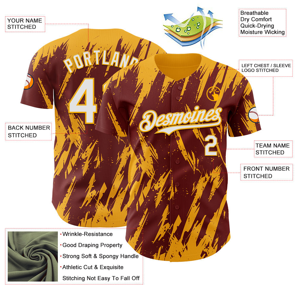 Custom Burgundy White-Gold Splatter Torn Sharp Brush Stroke Authentic Baseball Jersey baseball jersey product view 3