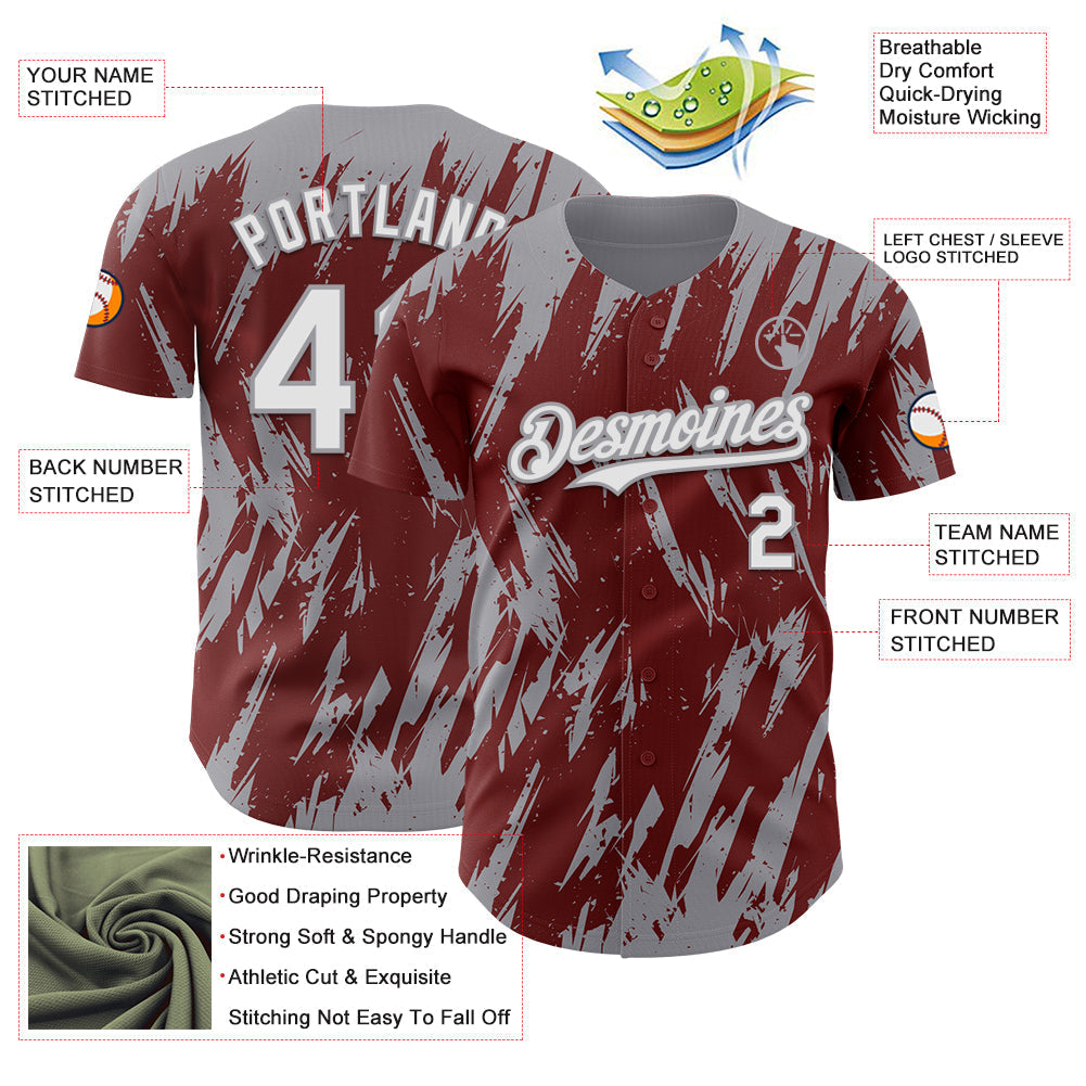 Custom Burgundy White-Gray Splatter Torn Sharp Brush Stroke Authentic Baseball Jersey baseball jersey product view 3