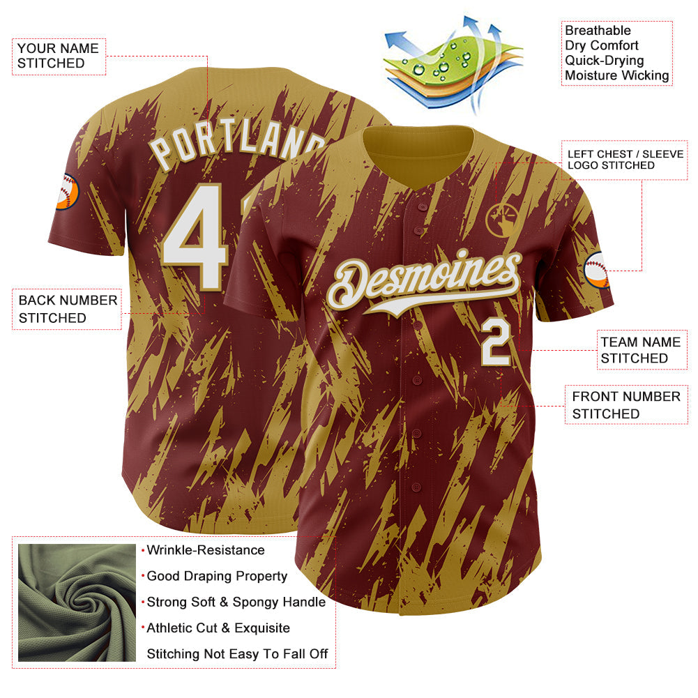 Custom Burgundy White-Old Gold Splatter Torn Sharp Brush Stroke Authentic Baseball Jersey baseball jersey product view 3