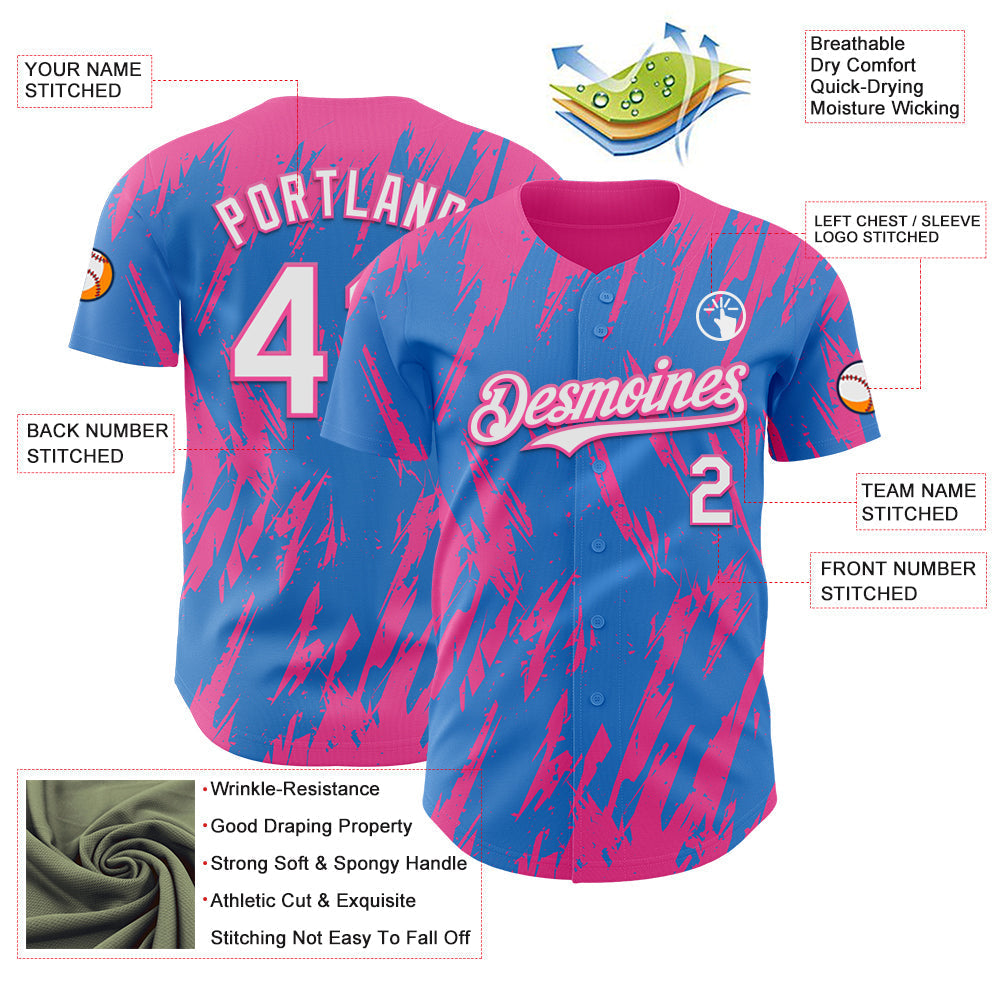 Custom Powder Blue White-Pink Splatter Torn Sharp Brush Stroke Authentic Baseball Jersey baseball jersey product view 3