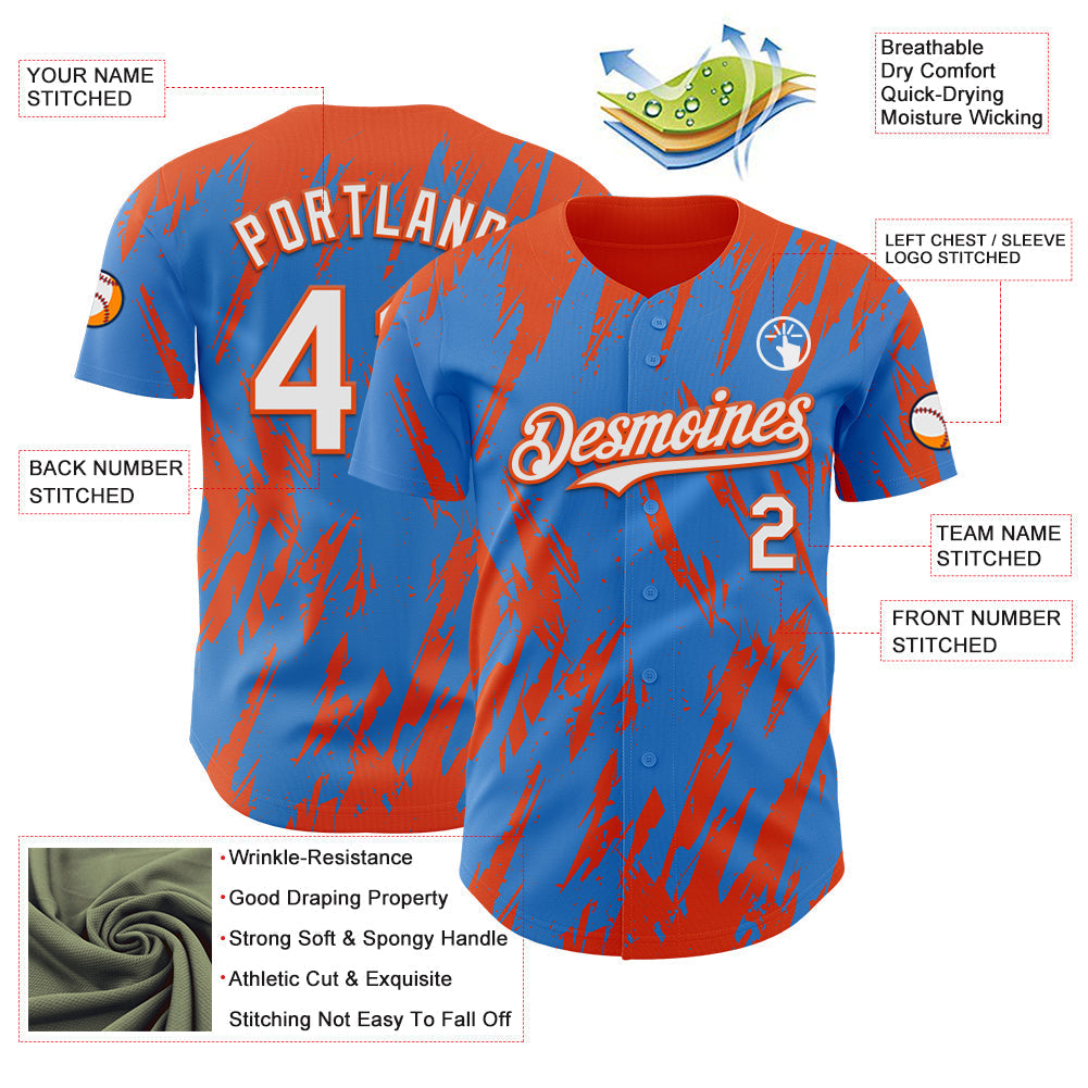 Custom Powder Blue White-Orange Splatter Torn Sharp Brush Stroke Authentic Baseball Jersey baseball jersey product view 3