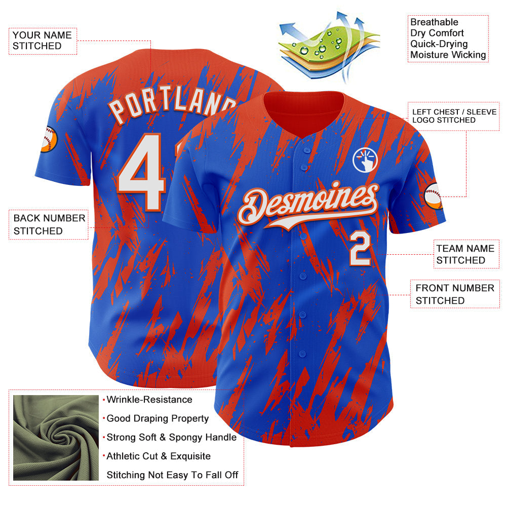 Custom Thunder Blue White-Orange Splatter Torn Sharp Brush Stroke Authentic Baseball Jersey baseball jersey product view 3