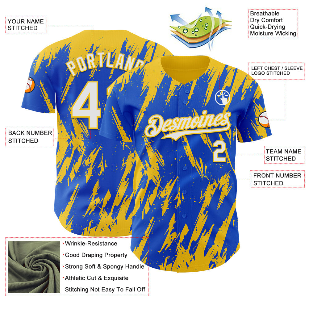 Custom Thunder Blue White-Yellow Splatter Torn Sharp Brush Stroke Authentic Baseball Jersey baseball jersey product view 3