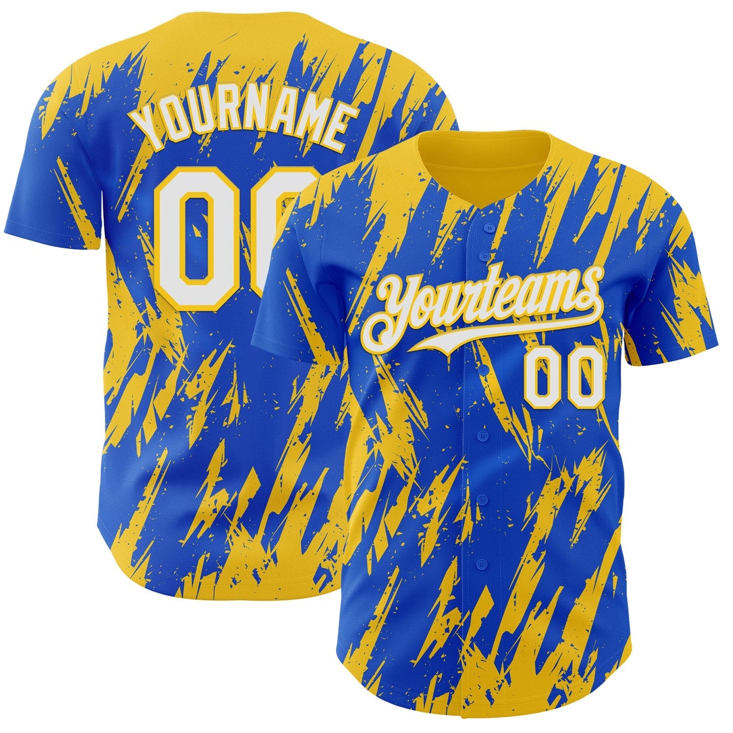 Custom Thunder Blue White-Yellow Splatter Torn Sharp Brush Stroke Authentic Baseball Jersey baseball jersey product view 1