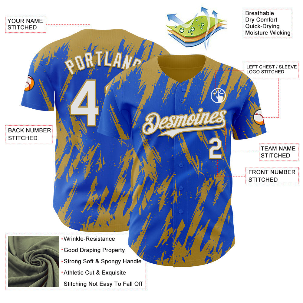 Custom Thunder Blue White-Old Gold Splatter Torn Sharp Brush Stroke Authentic Baseball Jersey baseball jersey product view 3