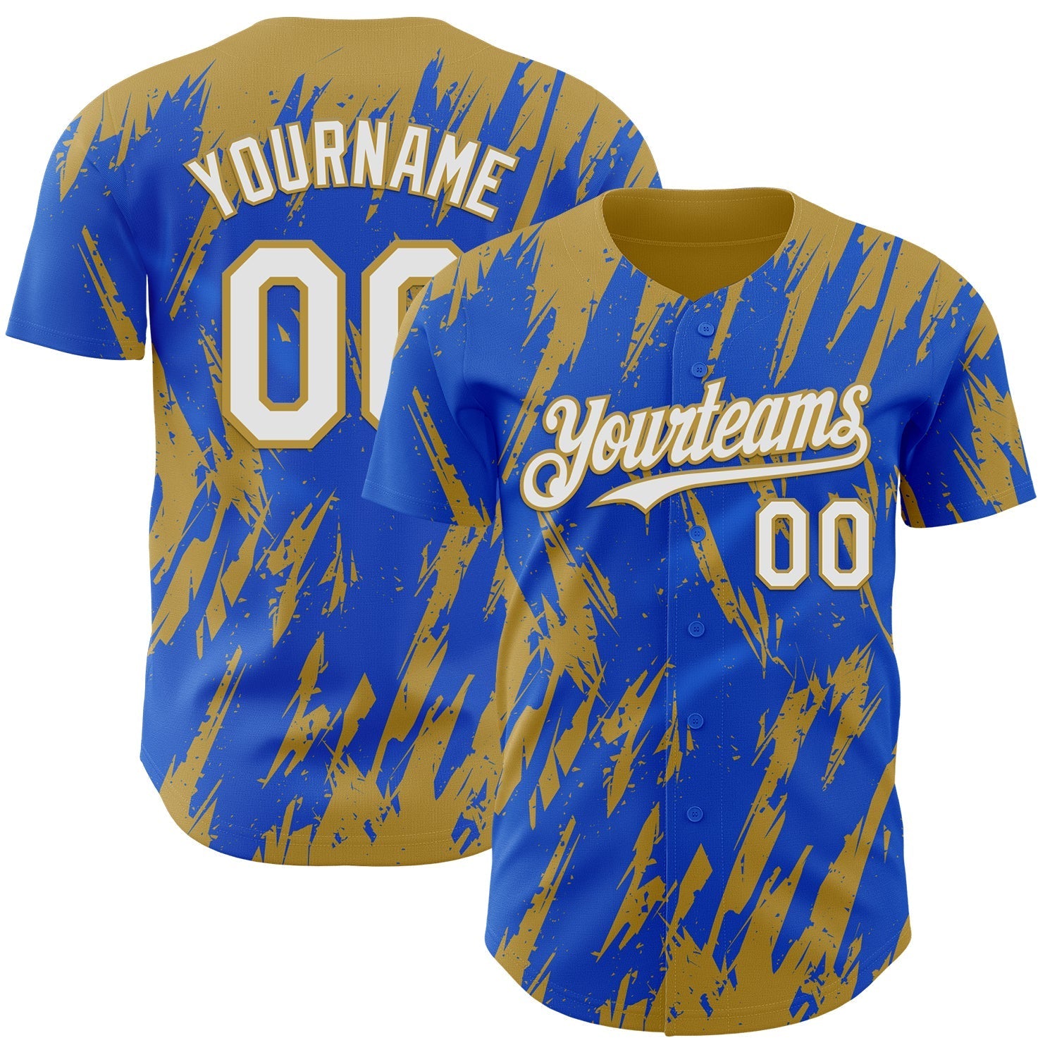 Custom Thunder Blue White-Old Gold Splatter Torn Sharp Brush Stroke Authentic Baseball Jersey baseball jersey product view 1