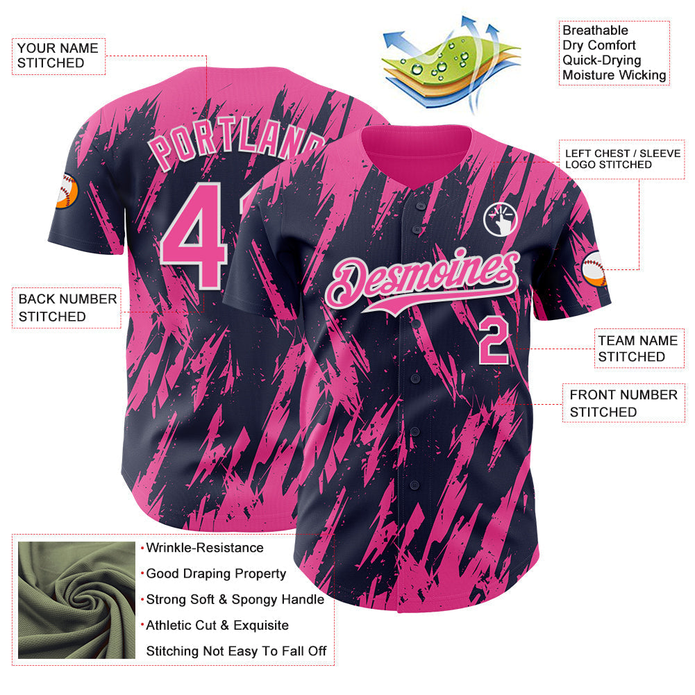 Custom Navy Pink-White Splatter Torn Sharp Brush Stroke Authentic Baseball Jersey baseball jersey product view 3