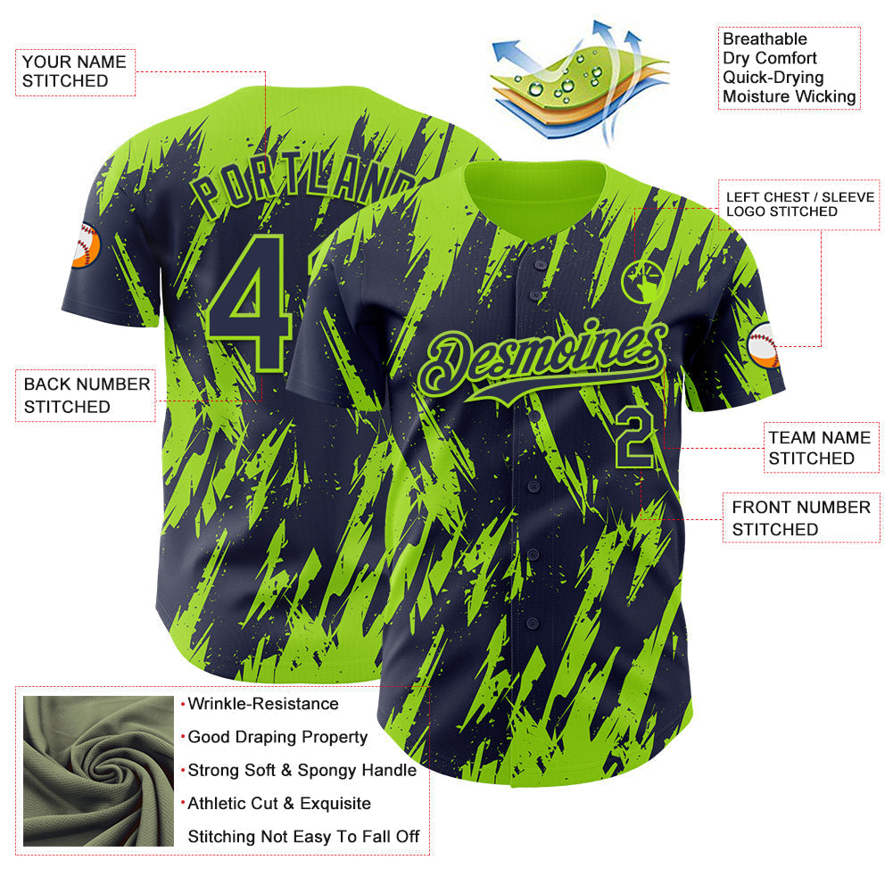 Custom Navy Neon Green Splatter Torn Sharp Brush Stroke Authentic Baseball Jersey baseball jersey product view 3