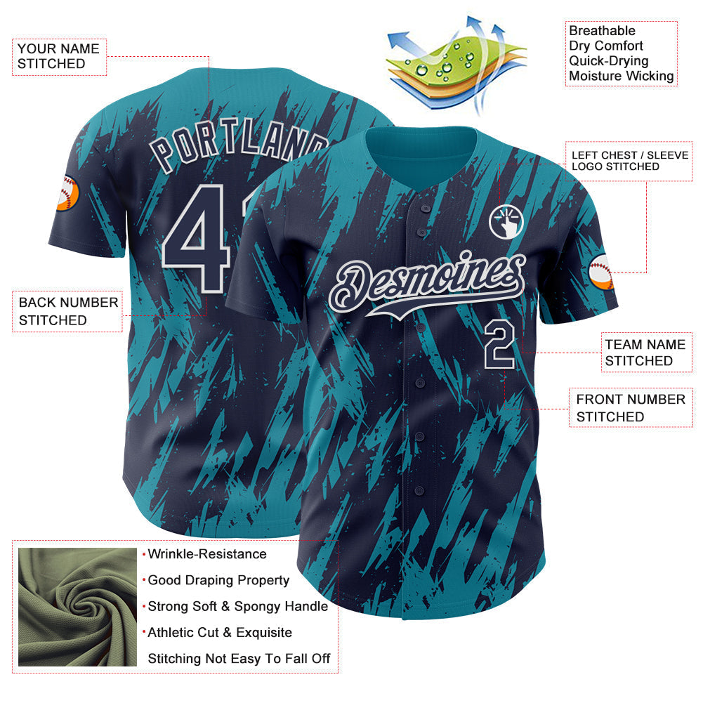 Custom Navy White-Teal Splatter Torn Sharp Brush Stroke Authentic Baseball Jersey baseball jersey product view 3