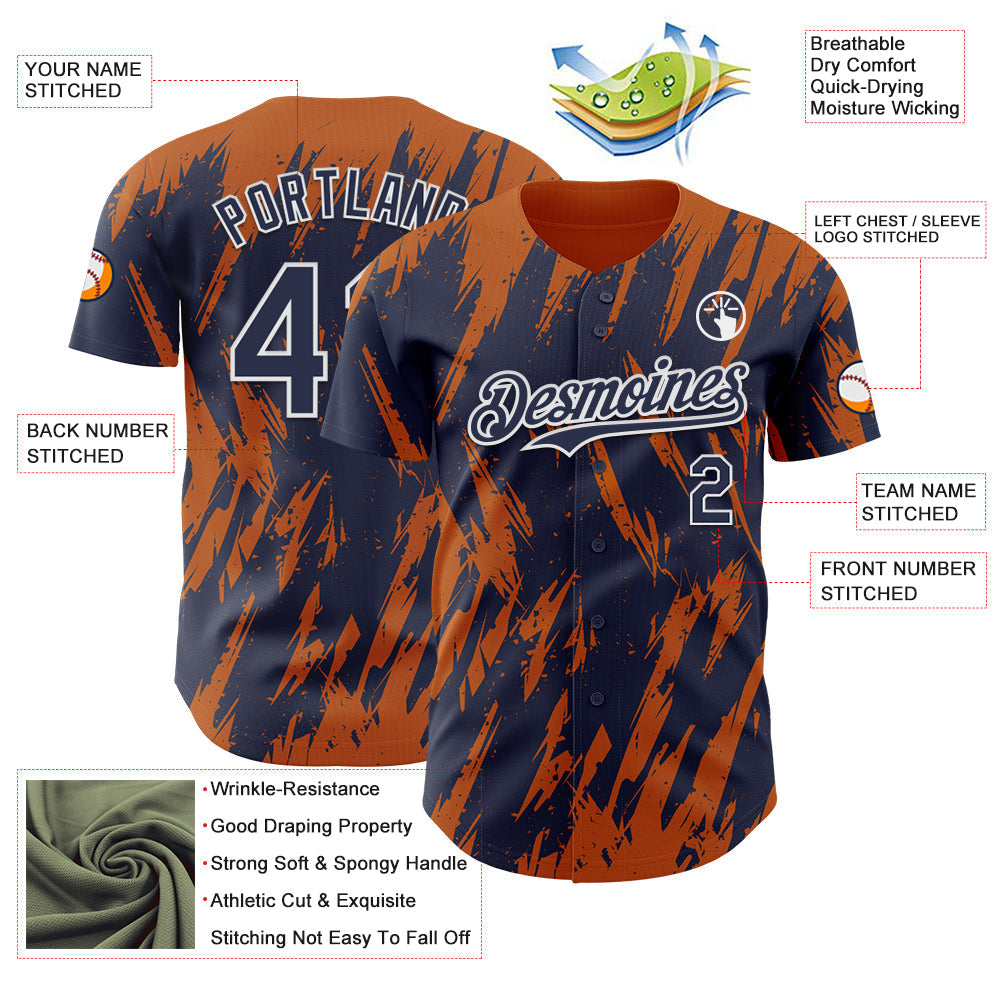 Custom Navy White-Bay Orange Splatter Torn Sharp Brush Stroke Authentic Baseball Jersey baseball jersey product view 3