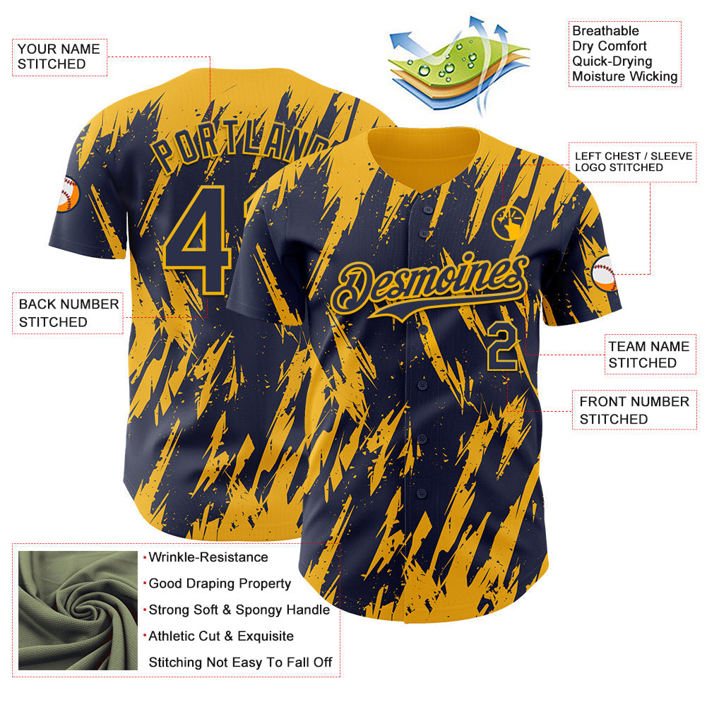 Custom Navy Gold Splatter Torn Sharp Brush Stroke Authentic Baseball Jersey baseball jersey product view 3
