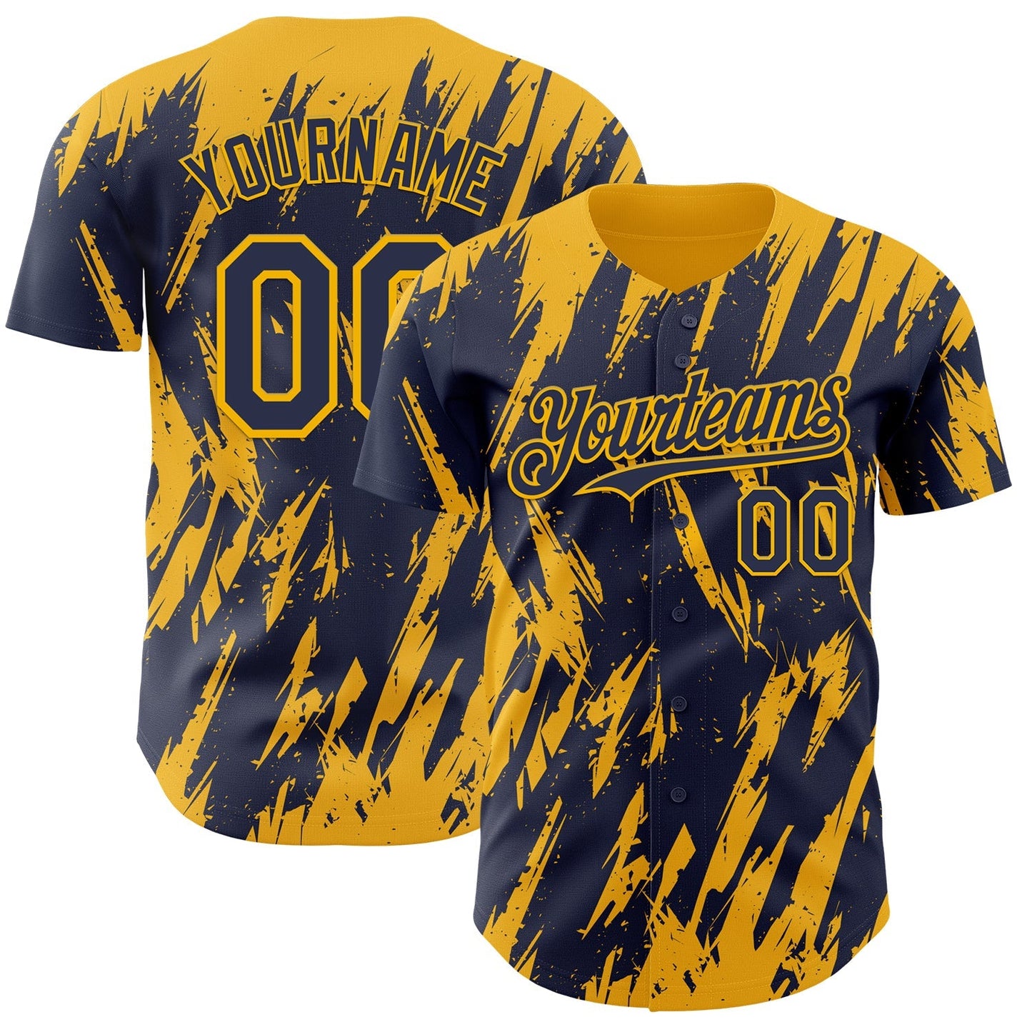 Custom Navy Gold Splatter Torn Sharp Brush Stroke Authentic Baseball Jersey baseball jersey product view 1