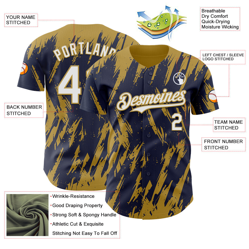 Custom Navy White-Old Gold Splatter Torn Sharp Brush Stroke Authentic Baseball Jersey baseball jersey product view 3