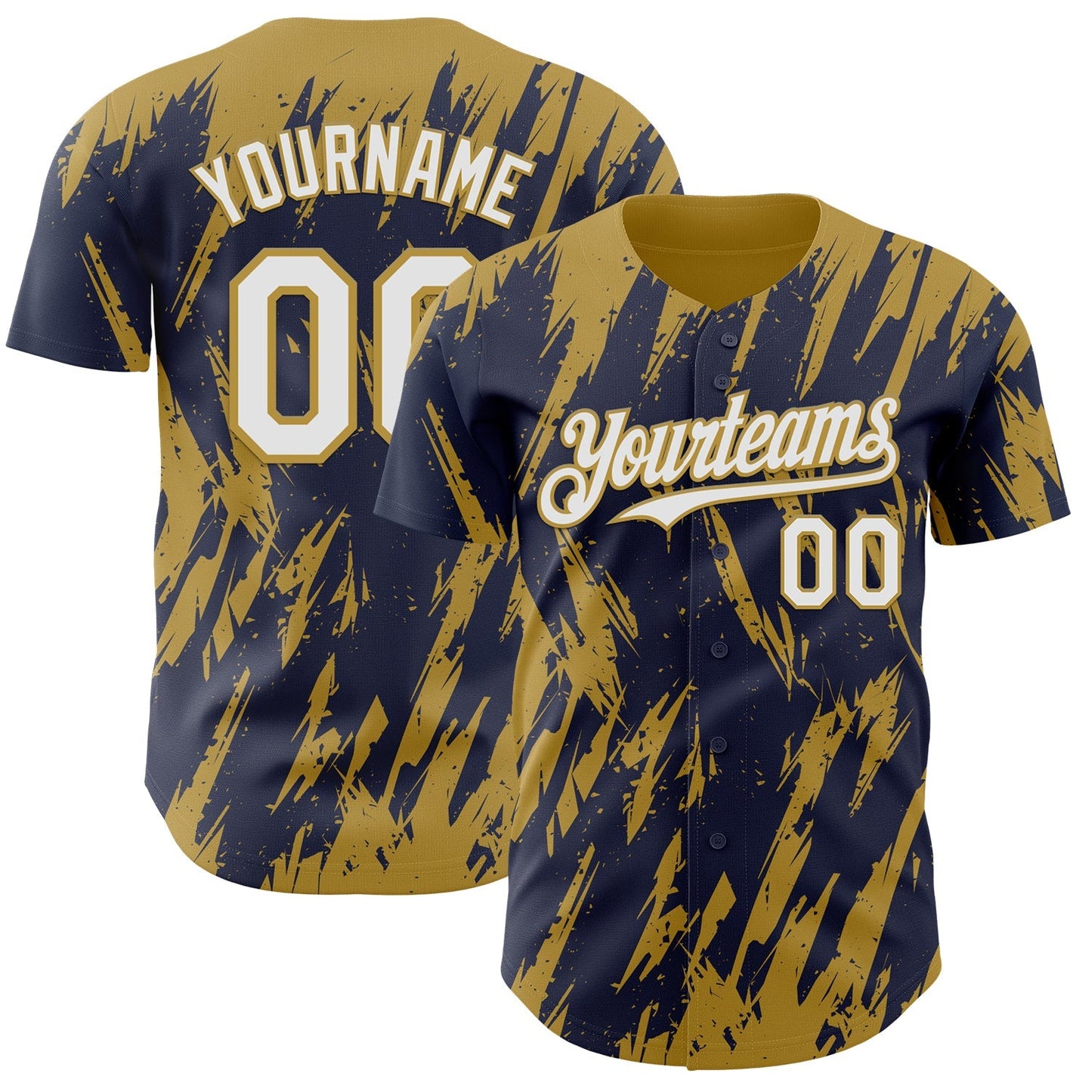 Custom Navy White-Old Gold Splatter Torn Sharp Brush Stroke Authentic Baseball Jersey baseball jersey product view 1