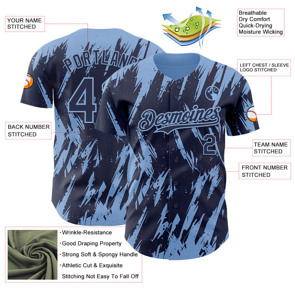 Custom Navy Light Blue Splatter Torn Sharp Brush Stroke Authentic Baseball Jersey baseball jersey product view 3