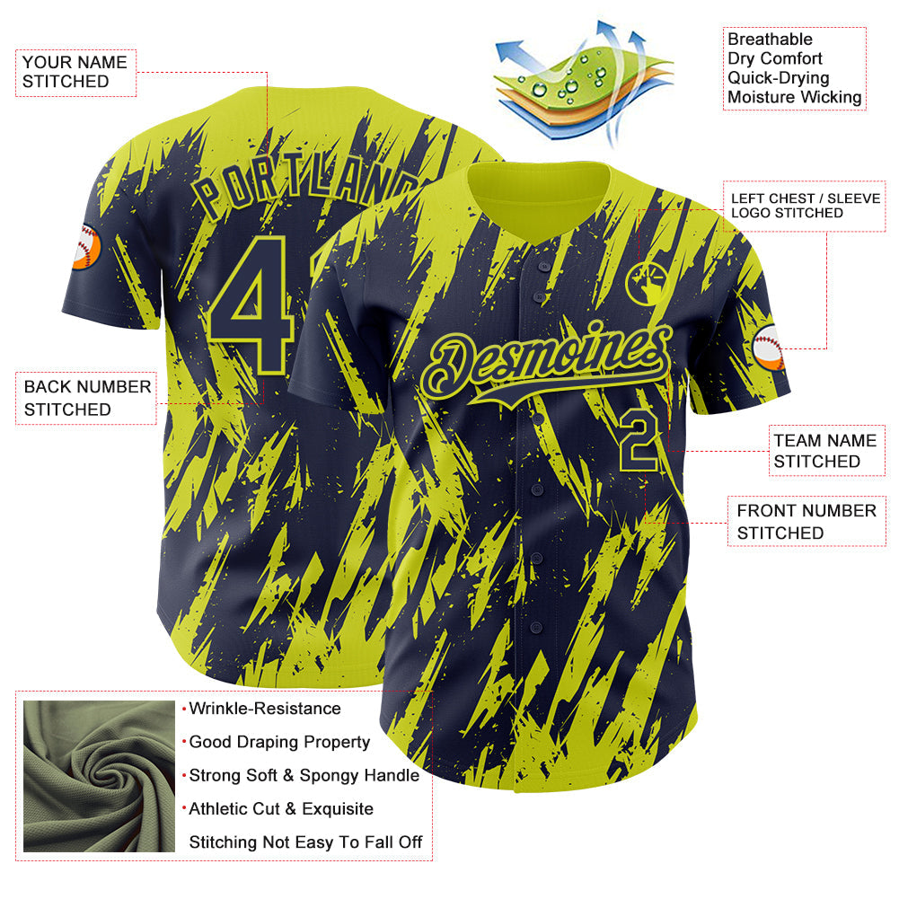 Custom Navy Neon Yellow Splatter Torn Sharp Brush Stroke Authentic Baseball Jersey baseball jersey product view 3