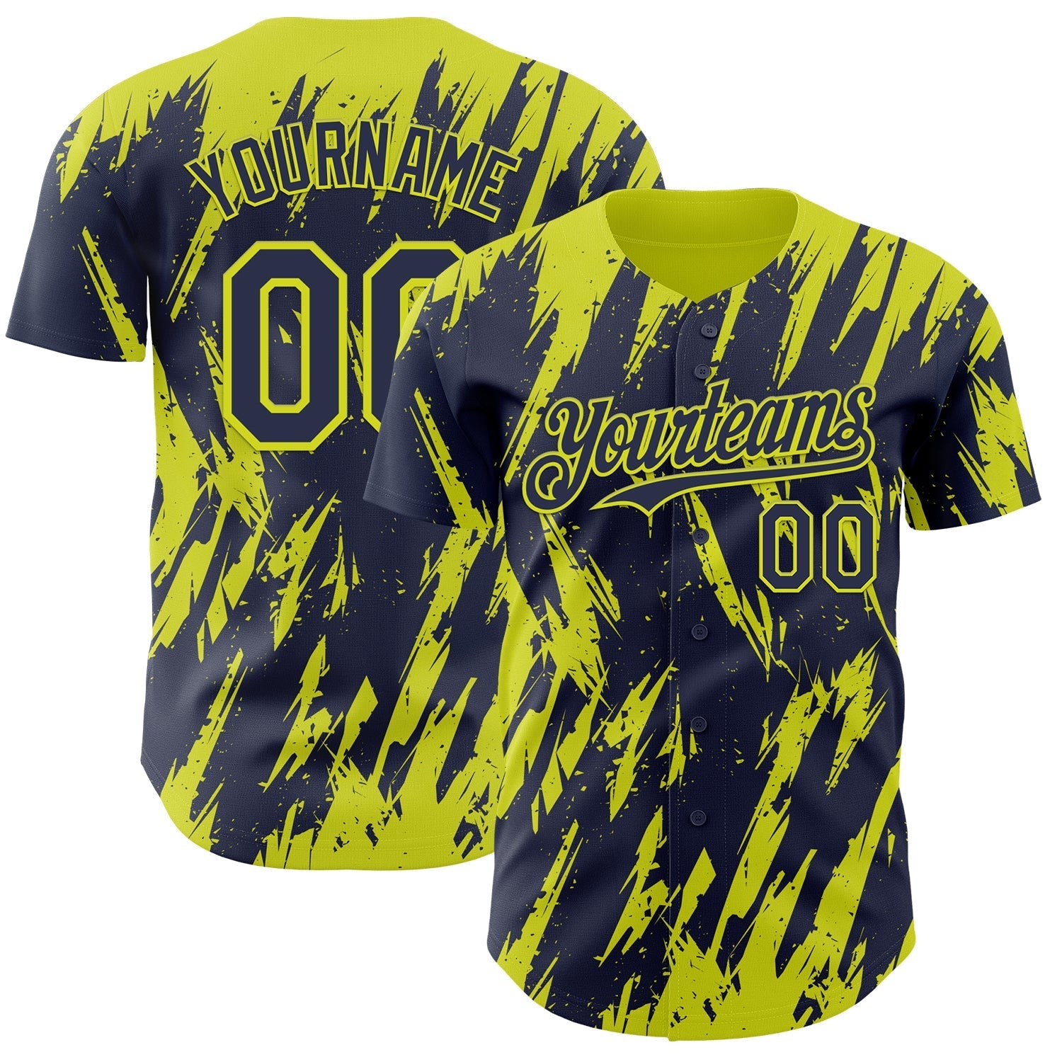 Custom Navy Neon Yellow Splatter Torn Sharp Brush Stroke Authentic Baseball Jersey baseball jersey product view 1