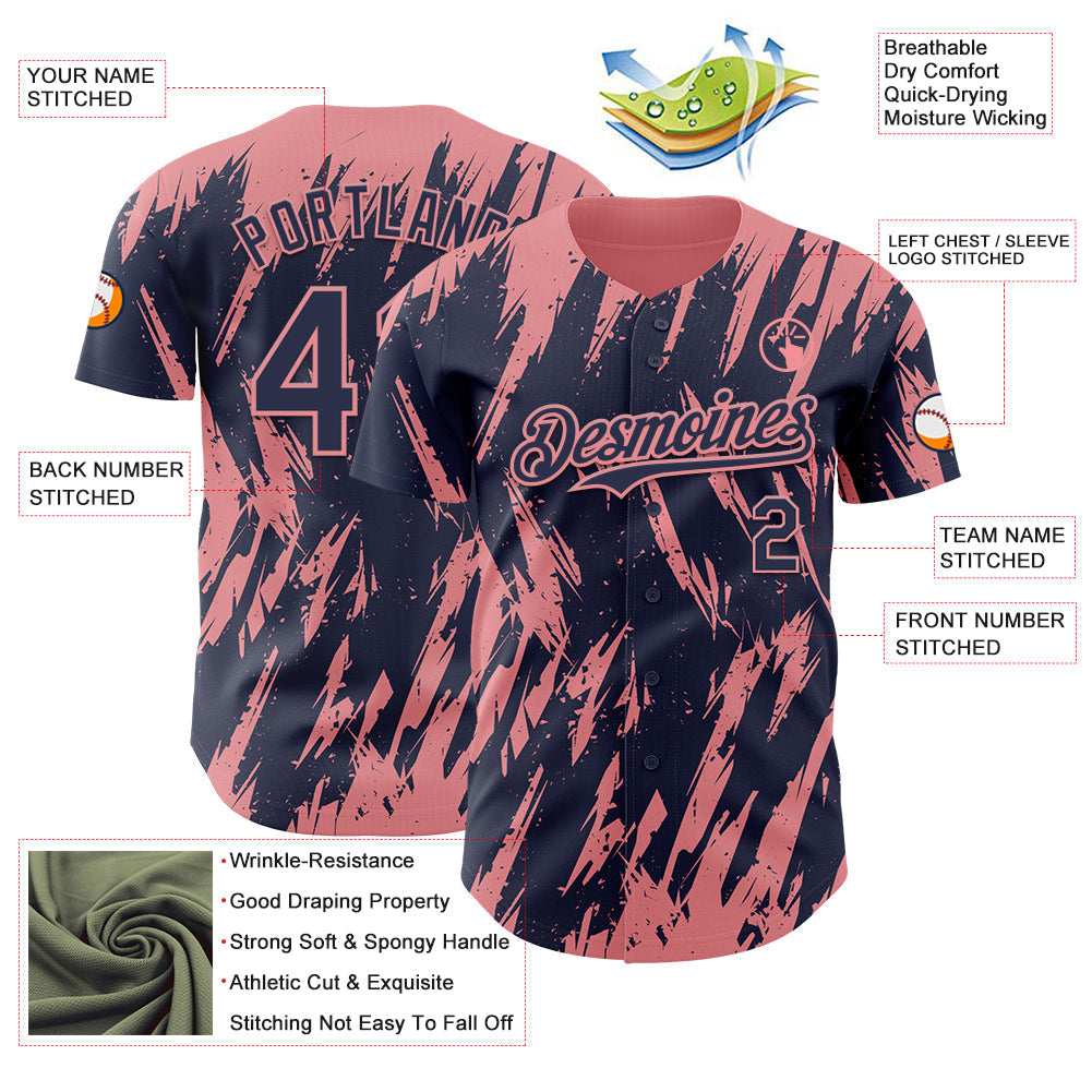 Custom Navy Medium Pink Splatter Torn Sharp Brush Stroke Authentic Baseball Jersey baseball jersey product view 3