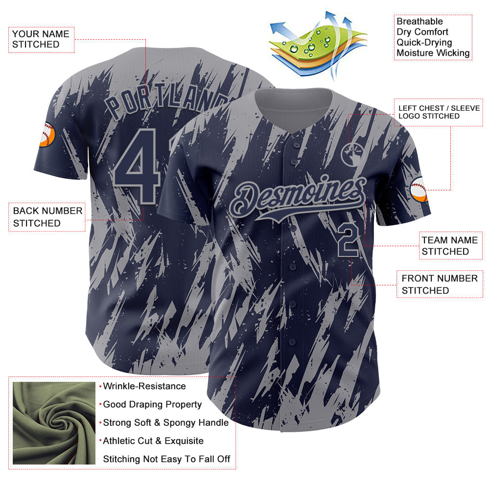 Custom Navy Gray Splatter Torn Sharp Brush Stroke Authentic Baseball Jersey baseball jersey product view 3