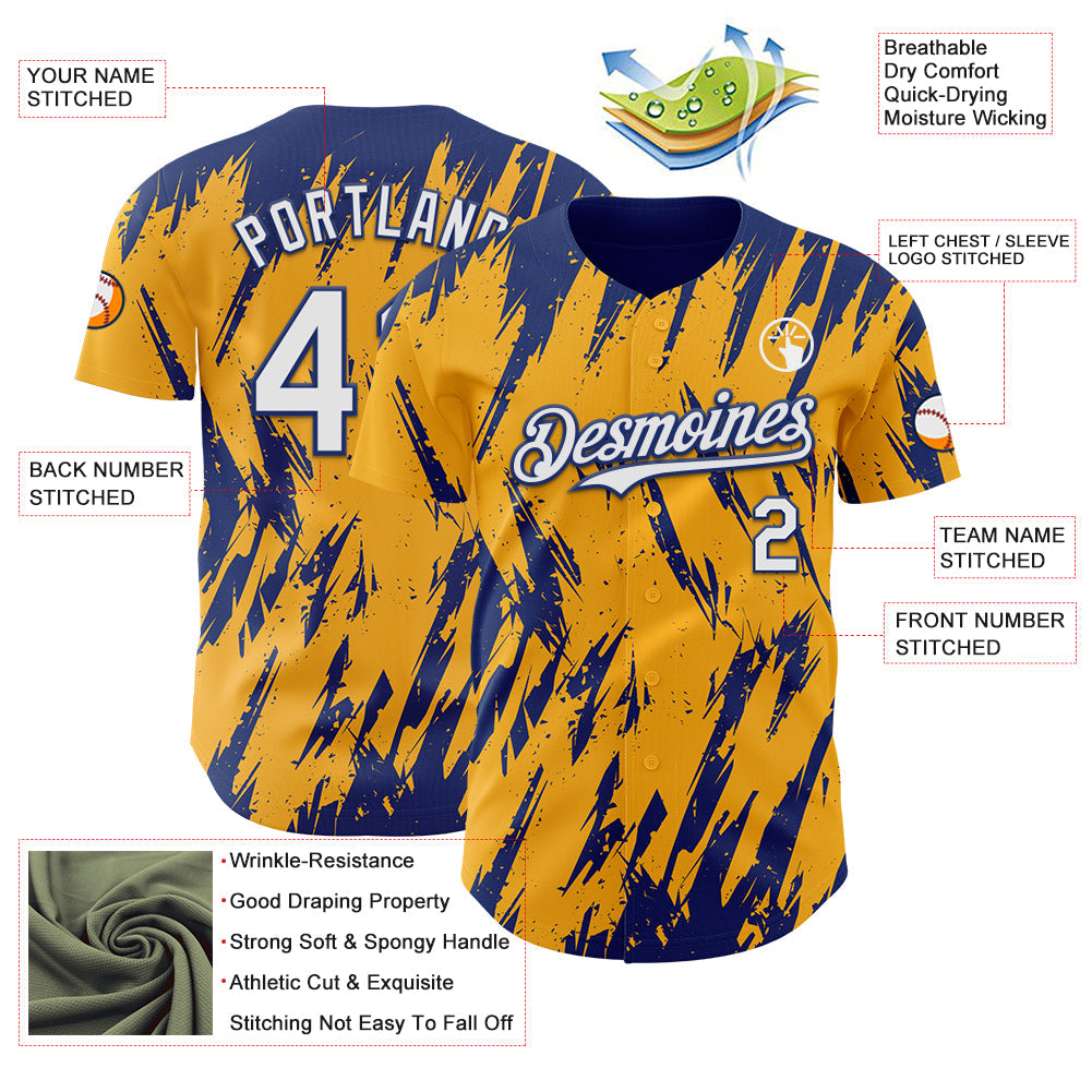 Custom Gold White-Royal Splatter Torn Sharp Brush Stroke Authentic Baseball Jersey baseball jersey product view 3