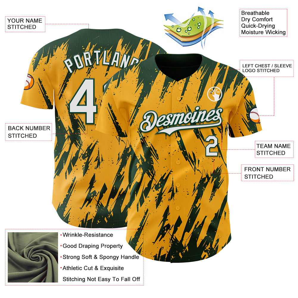 Custom Gold White-Green Splatter Torn Sharp Brush Stroke Authentic Baseball Jersey baseball jersey product view 3
