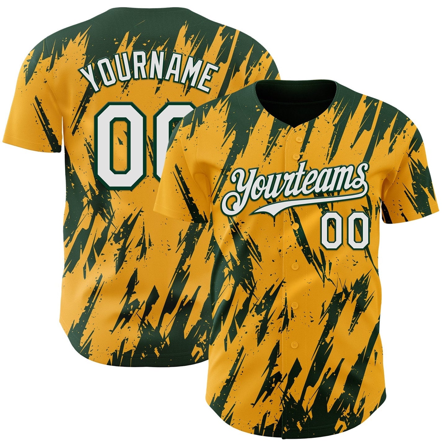 Custom Gold White-Green Splatter Torn Sharp Brush Stroke Authentic Baseball Jersey baseball jersey product view 1